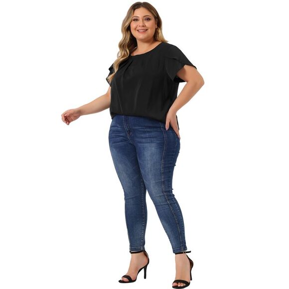 Plus Size Tops Women Round Neck Basic Pleated Top Tulip Sleeves Blouse Black - Picture 3 of 6